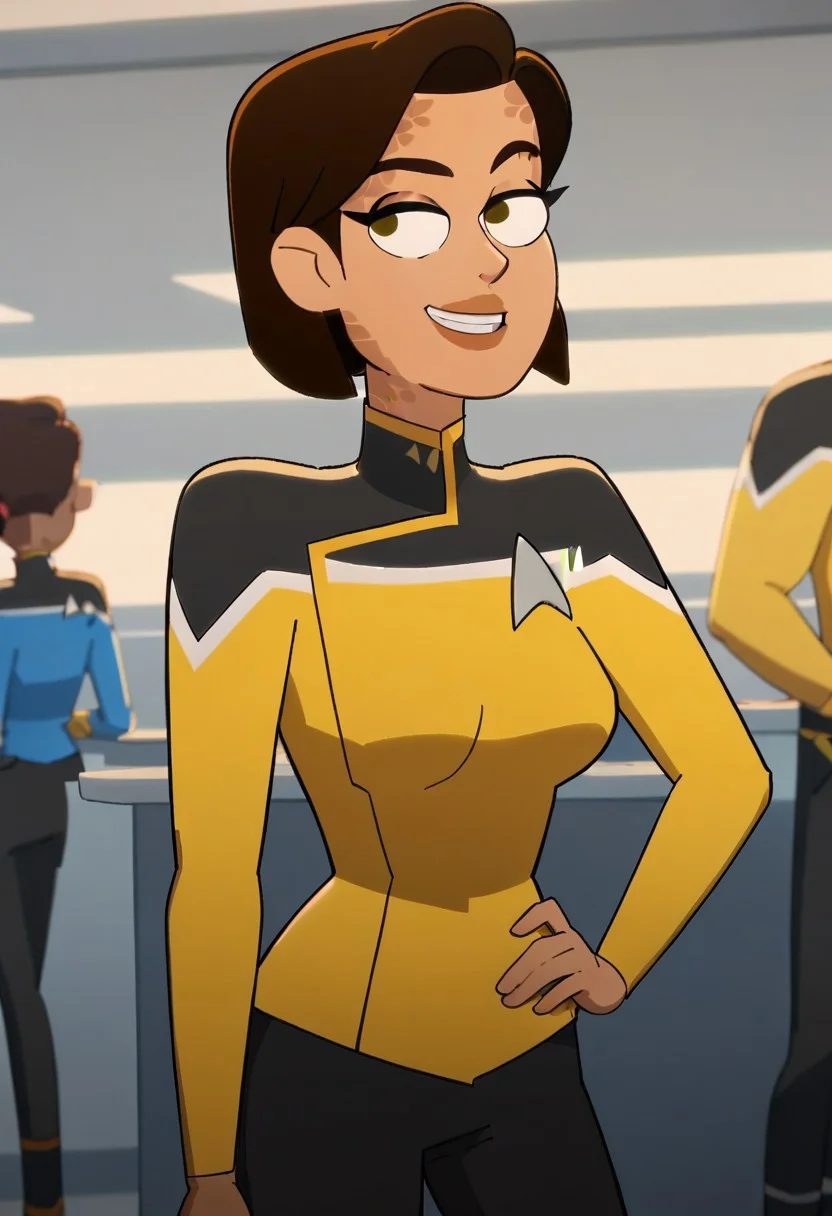 score_9, score_8_up, score_7_up, 1girl, solo, Barnes, trill birthmarks, short hair, brown hair, yellow uniform, black pants, standing, smiling, star trek background
