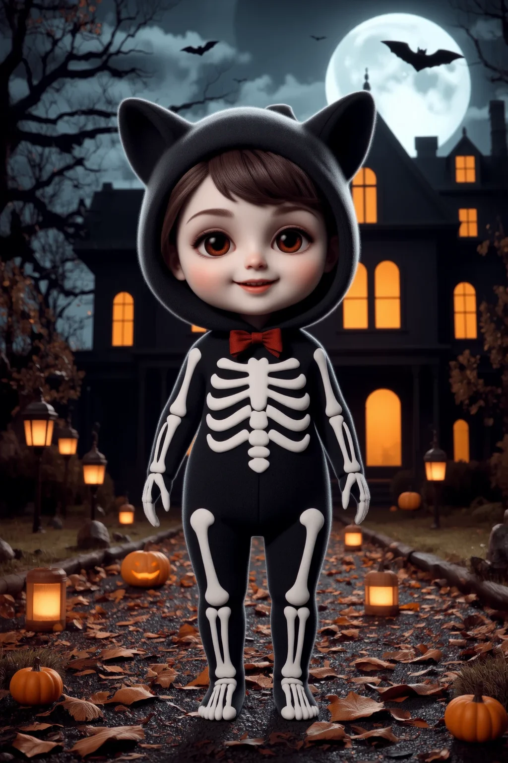 cute, halloween night, horror, (bats), moon in the sky, portrait, (standing:1.2), happy smiling, red eyes,(very detailed), best quality, sharp focus, Sheffield Gray skeleton bodysuit, glowing lanterns, retro Halloween, wind blowing leaves through the street, haunted mansion windows lit up, ethereal lights, backlight, shadows, high contrast, hdr, <lora:Anti-Blur:0.8> <lora:Hand v2:0.8> Detailed hand, Hand, Perfect hand <lora:aidmaImageUpgrader:0.8> aidmaimageupgrader <lora:PinkieChibiHalloweenFLUX:0.8> pinkchibihalloween