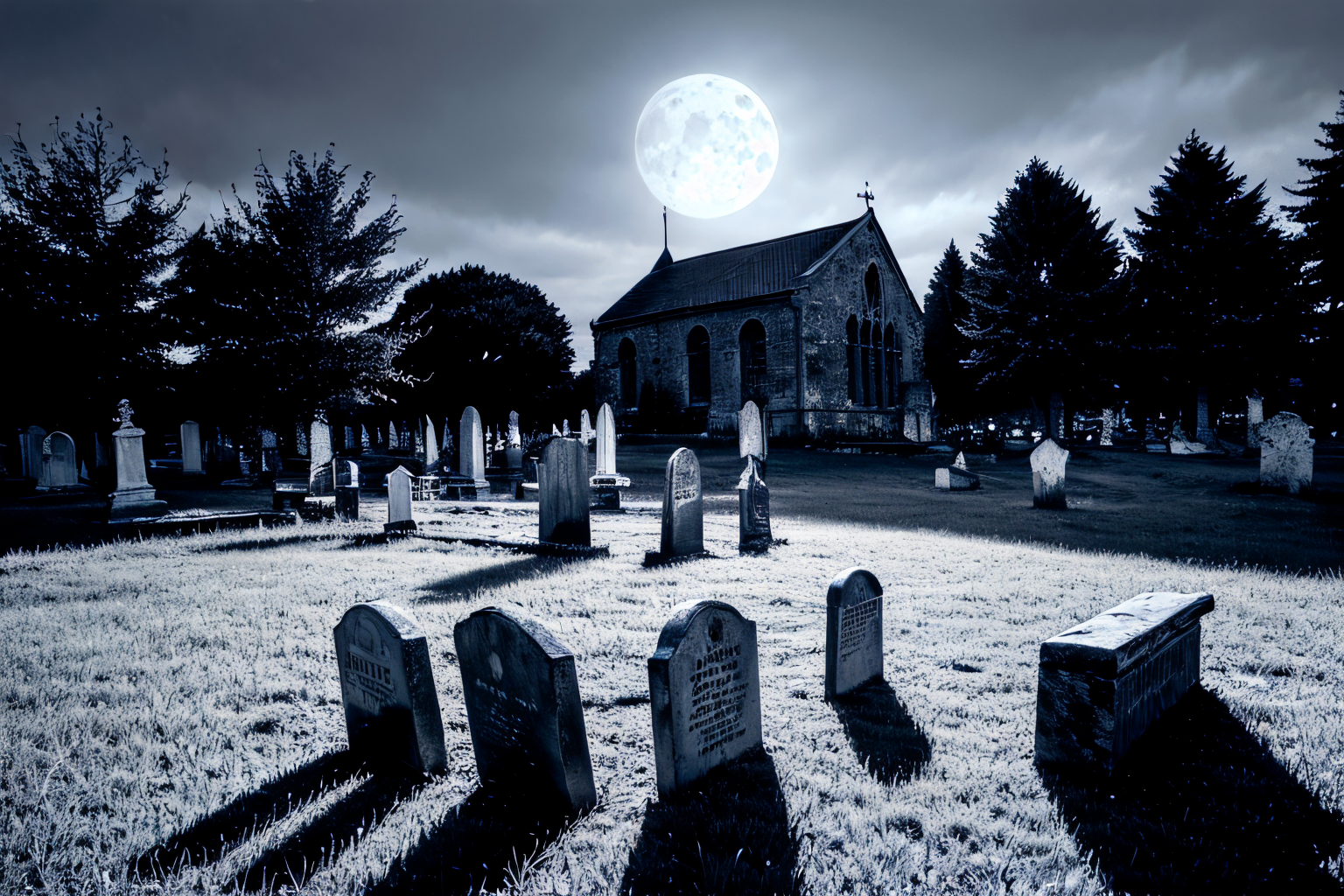 (Realisitc:1.5) EdobChurchCemeteryCreepyNight church a cemetery, black sky, in the dark, with a full moon in the background <lora:EdobChurchCemeteryCreepyNight_v1.0:0.8>