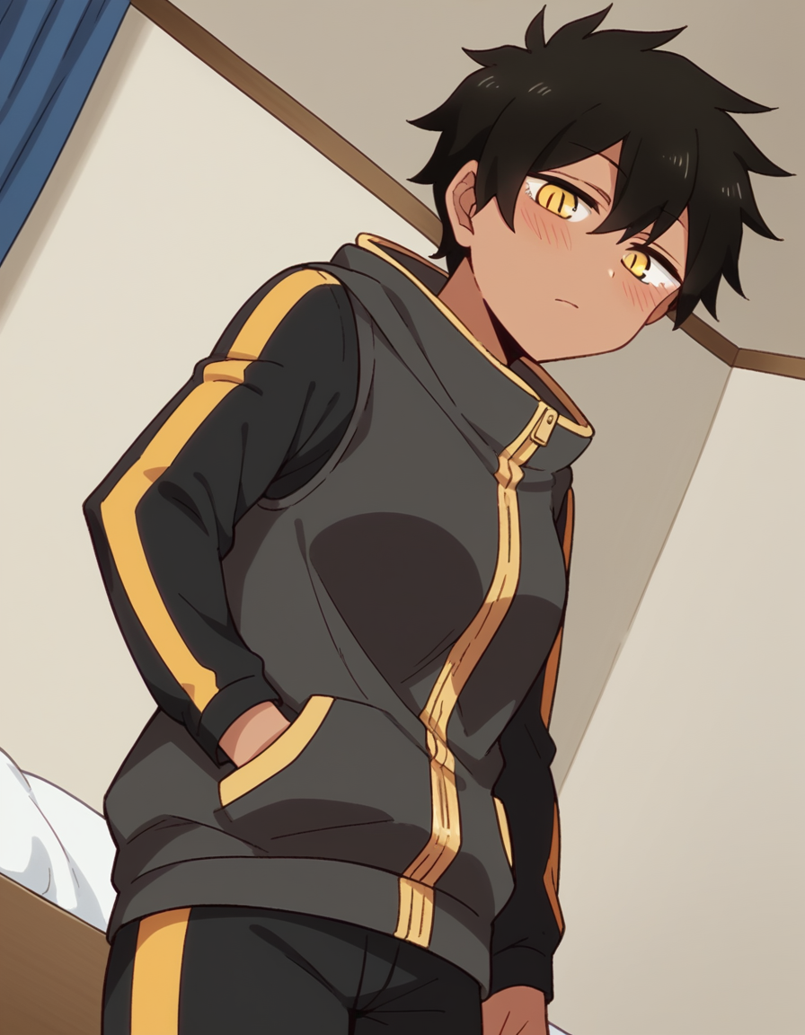 score_9, score_8_up, score_7_up, source_anime,
natsumikurobe, <lora:natsumi-kurobe-s1-ponyxl-lora-nochekaiser:1>,
natsumi kurobe, short hair, black hair, yellow eyes, slit pupils, dark skin, dark-skinned female,
jacket, pants, hood, zipper, tomboy,
indoors, bed, bed room, on side, blush, drunk,
looking at viewer, cowboy shot, solo, dutch angle,