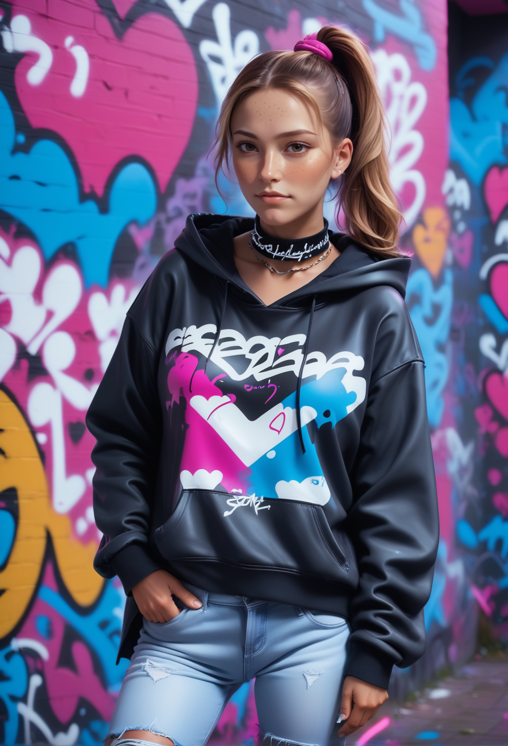 dolleijSDXL02, soft freckles, long hair, multicolor, posing infront of a wall, choker, boyfriendcut jeans, oversized hoodie, reij-grftt <lora:DolleijSDXL02-000003:0.9>