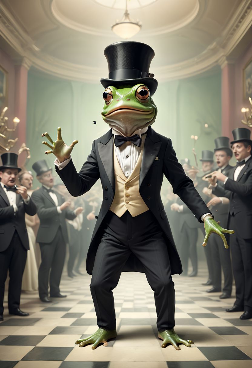 A surreal mind image of a frog dancing in a musical movie, wearing a top hat and tuxedo
