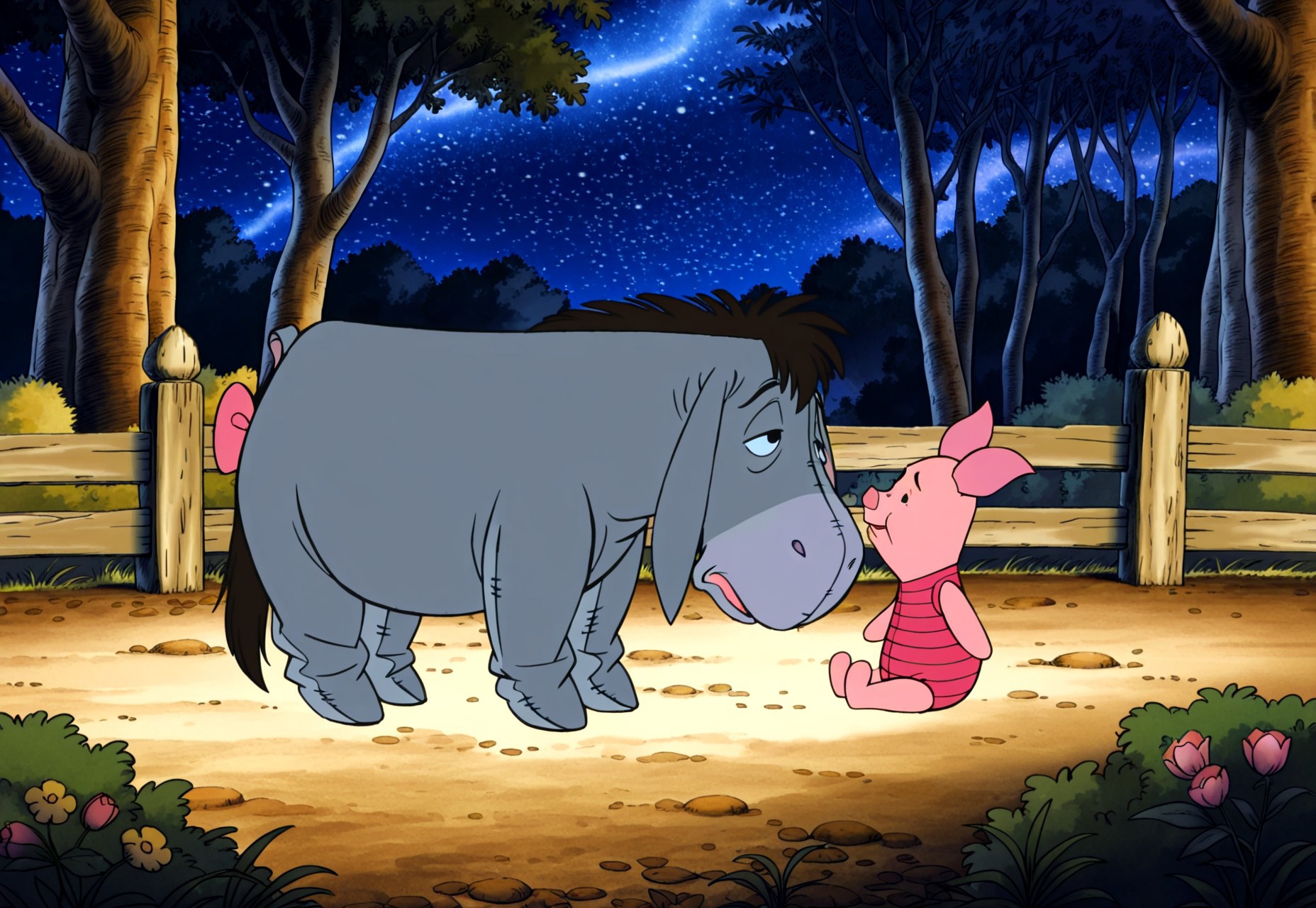 masterpiece, absurdres, highres, (anime screencap:2, anime coloring:2), official art, accurate art style, very aesthetic, flat colors, official screencap, style parody, WinnieThePooh_Character_And_Style, TiggerMovie, The Tigger Movie, retro artstyle, 2000s \(style)\, sketchy lines:2, proper proportions, BREAK, 1boy, Eeyore, black hair, pink bow, pinned tail, nail, stitches, gloomy, half-closed eyes, looking at side, resting, BREAK, 1boy, Piglet, sitting on a low fence, worried, BREAK, detailed background, outdoors, forest, Eeyore's house of sticks, trees, dirt path, bushes, flowers, night, BREAK, full body, cowboy shot, BREAK, vibrant colors, bloom, vignette, cinematic lighting, 75% soft lighting, 25% dark lighting