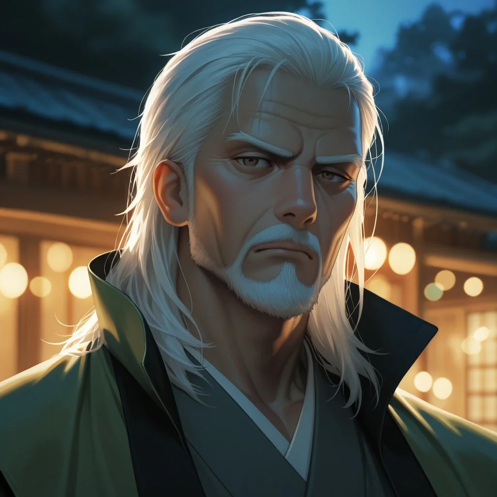 masterpiece, best quality, amazing quality, absurdres, newest, detailed background, definition so sharp, Ultra-HD, 8K cinematic, very awa, impressionate, amazing quality, highres,
solo, male focus, manly, mature male, bara, bokeh, night, warm light, blurry background, outdoor,
1boy, old man, long hair, facial hair, lieutenant_white hair, lieutenant_brown eyes, daikakukokujouji, haori, hakama, serious face, calm face, looking at viewer