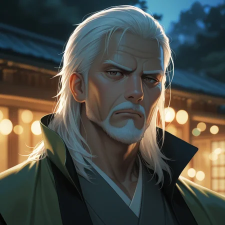 masterpiece, best quality, amazing quality, absurdres, newest, detailed background, definition so sharp, Ultra-HD, 8K cinematic, very awa, impressionate, amazing quality, highres,
solo, male focus, manly, mature male, bara, bokeh, night, warm light, blurry background, outdoor,
1boy, old man, long hair, facial hair, lieutenant_white hair, lieutenant_brown eyes, daikakukokujouji, haori, hakama, serious face, calm face, looking at viewer