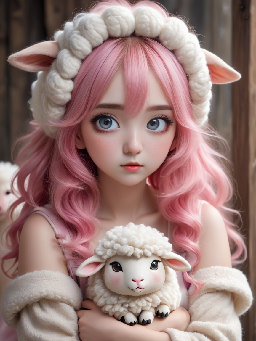 (Best quality, 8k, 32k, raw photo, huge breasts,masterpiece, best quality, ultra detailed, A girl wears a fluffy, woolly armband on her upper arm, Girl wearing high socks as fluffy as (((sheep's wool)), Sheep's horns on her head, beautiful  eyes, pink hair, Innocent and nose blush,blush,,1girl,cute.  <lora:korean large-eyed girl:1>