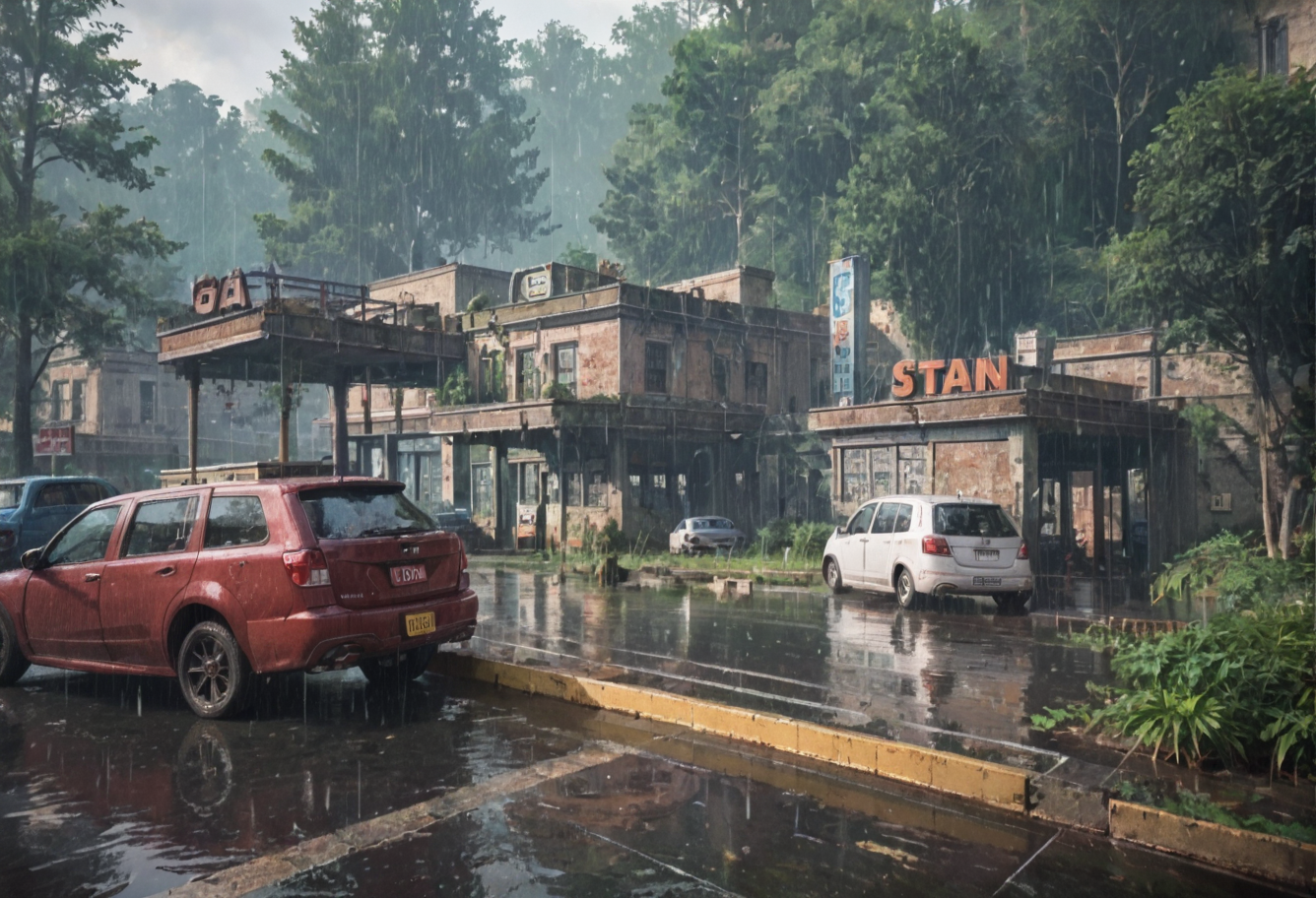 ,ruanyi0763,outdoors,tree,building,ruins,gas station,,ruanyi0714,water drop,rain,<lora:0763 post apocalypse_v1_pony:0.8>,<lora:0714 rainy day_v1_pony:1>, score_9,score_8_up,score_7_up,,8k,1girl,solo,