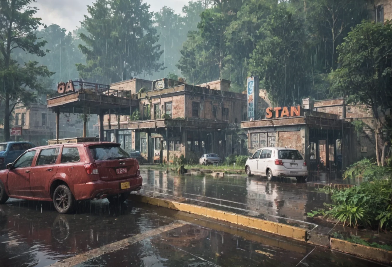 ,ruanyi0763,outdoors,tree,building,ruins,gas station,,ruanyi0714,water drop,rain,<lora:0763 post apocalypse_v1_pony:0.8>,<lora:0714 rainy day_v1_pony:1>, score_9,score_8_up,score_7_up,,8k,1girl,solo,