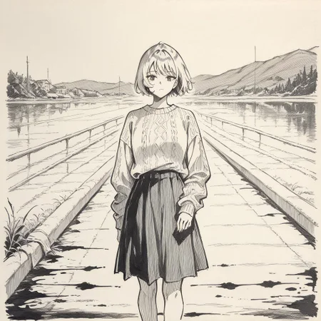 (masterpiece, newest, high quality, best quality, very awa, very aesthetic, sketch), Esoper_style, 1girl, short hair, standing, skirt, sweater, outdoors, depth of field, 8k uhd, absurdres, tack sharp focus, beautiful composition, professional illustration, traditional media, monochrome, ink (medium)