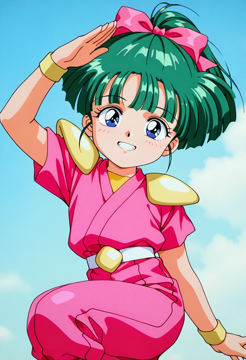 score_9, score_8_up, score_7_up, source_anime,masterpiece, best quality,1990s_(style),a young_child,Himiko, blue_eyes, green_hair, hair_bow, pink_ribbon, ponytail, wristband, deep-pink_ninja_outfit_heightening, short_sleeves, white belt, golden_shoulder_pads,(detailed face and eyes,happy grin),looking at viewer,(acrobatic pose,Bend knees and jump),outdoor,sky