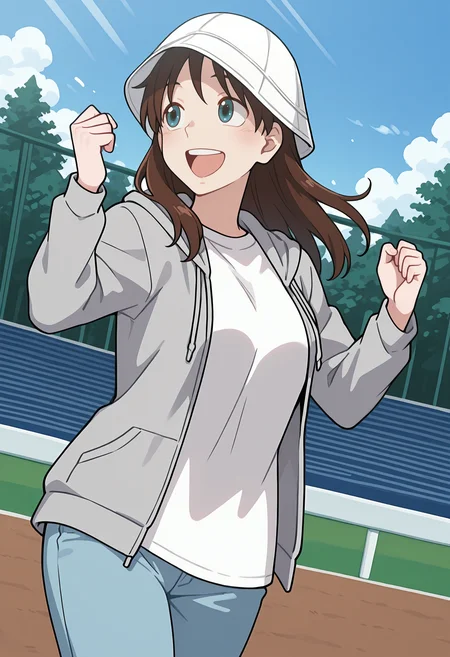best quality, amazing quality, perfect quality, high quality, masterpiece, absolutely eye-catching BREAK
<lora:Ookiku_Furikabutte_-_Kiyoe_Mizutani:1> OofuriKiyoe, blue eyes, brown hair, long hair, wispy bangs, medium breasts BREAK
grey hoodie, white t-shirt, hood down, blue pants, white bucket hat BREAK
outdoors, tree, blue sky, baseball stadium, railing BREAK
1girl, solo, standing, cheering, hands up, dutch angle, cowboy shot