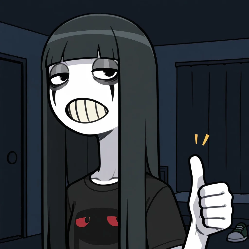 solo,1girl,Yun,white skin,long hair,black hair,bangs,blunt bangs,black eyes,teeth,facial mark, black shirt,t-shirt,green pants,shoes,half-closed eyes,thumbs up,upper body portrait,indoors,dark bedroom