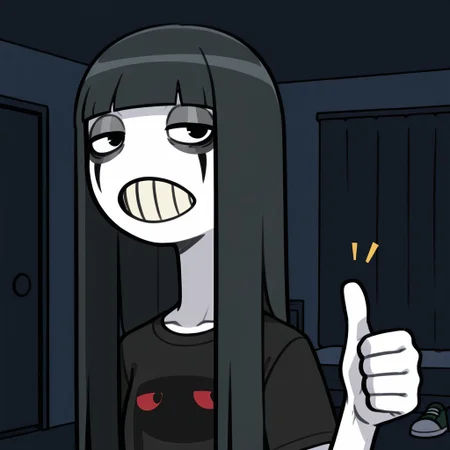 solo,1girl,Yun,white skin,long hair,black hair,bangs,blunt bangs,black eyes,teeth,facial mark, black shirt,t-shirt,green pants,shoes,half-closed eyes,thumbs up,upper body portrait,indoors,dark bedroom