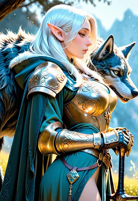 SmoothNoob_Quality, 1girl, mature, solo, elf pointy ears, armor, wolf, hood, blurry background, blurry, half-closed eyes, grey eyes, white hair, from side, profile, engraved armor, intricate armor, breastplate, hood down, animal, cape, shoulder armor, lips, weapon, gauntlets, cloak, cowboy shot, <lora:SLE_v2:0.2> <lora:Smooth_Booster_v3:0.5> <lora:All_Disney_Princess_-_Illustrious:0.3> <lora:IncaseStyle_NoobAI:0.25>