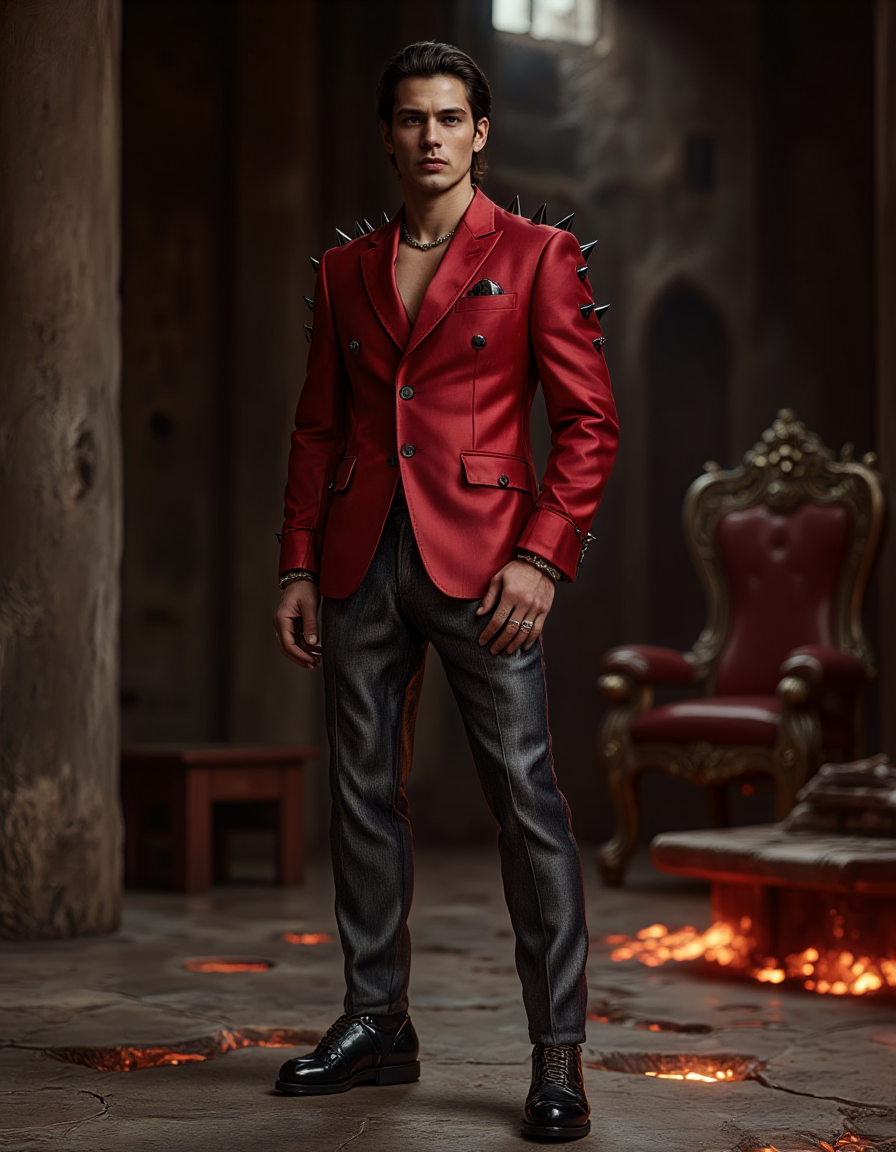 A photorealistic, high-fashion editorial photograph in the Mushroom Kingdom Fashion style, reinterpreting Bowser's authority with regal menace. A commanding male model with sharp features and slicked-back dark hair stands proudly, perhaps one foot slightly elevated on a low step, in a stylized Bowser's Castle throne room. He wears a powerful, structured double-breasted blazer made from a deep, matte oxblood red fabric, featuring exaggerated, sharp peak lapels and ornate, dark metallic buttons. The shoulders of the blazer are subtly adorned with rows of small, polished black studs or minimalist spikes, adding texture and threat. Beneath the blazer, he wears impeccably tailored trousers in a shimmering, dark charcoal grey textured fabric, reminiscent of rough stone. His footwear consists of sleek, black patent leather boots. Accessories are minimal but impactful: a single, heavy signet ring with a dark gemstone, perhaps a subtle dark metal chain visible at the neck. The throne room environment features imposing walls of dark, chiseled stone, geometric patterns suggesting lava flows embedded in the floor (glowing subtly), and perhaps a massive, imposing throne blurred in the deep background. Lighting is dramatic, chiaroscuro-style, with strong directional light creating deep shadows and highlighting the textures and the model's powerful silhouette, accented by the ambient warm glow from the floor patterns. Regal intimidation, dark luxury, ultra-detailed, sharp focus, 8K.
<lora:mushroom-kingdom-fashion-flux:1>
