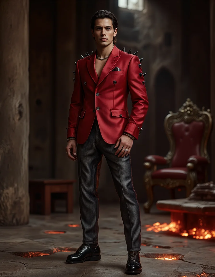 A photorealistic, high-fashion editorial photograph in the Mushroom Kingdom Fashion style, reinterpreting Bowser's authority with regal menace. A commanding male model with sharp features and slicked-back dark hair stands proudly, perhaps one foot slightly elevated on a low step, in a stylized Bowser's Castle throne room. He wears a powerful, structured double-breasted blazer made from a deep, matte oxblood red fabric, featuring exaggerated, sharp peak lapels and ornate, dark metallic buttons. The shoulders of the blazer are subtly adorned with rows of small, polished black studs or minimalist spikes, adding texture and threat. Beneath the blazer, he wears impeccably tailored trousers in a shimmering, dark charcoal grey textured fabric, reminiscent of rough stone. His footwear consists of sleek, black patent leather boots. Accessories are minimal but impactful: a single, heavy signet ring with a dark gemstone, perhaps a subtle dark metal chain visible at the neck. The throne room environment features imposing walls of dark, chiseled stone, geometric patterns suggesting lava flows embedded in the floor (glowing subtly), and perhaps a massive, imposing throne blurred in the deep background. Lighting is dramatic, chiaroscuro-style, with strong directional light creating deep shadows and highlighting the textures and the model's powerful silhouette, accented by the ambient warm glow from the floor patterns. Regal intimidation, dark luxury, ultra-detailed, sharp focus, 8K.
<lora:mushroom-kingdom-fashion-flux:1>