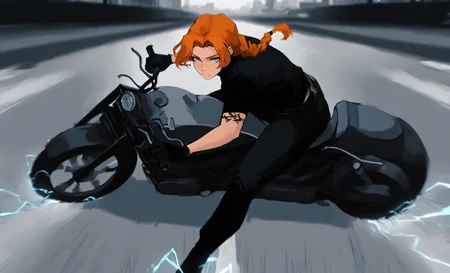 concept art  <lora:vica:1>    vicamf, 1girl, solo, green eyes, orange hair, freckles, frown , braid,  pants,  belt, black gloves, tattoo,  black shirt, shirt, black pants, 
bokhe, blurry background, dynamic angle,rtx, ray tracing, sexy,pinup:1.2,depth of field, cinematic, (masterpiece, best quality), safe, amazing quality, very aesthetic, absurdres, highres, newest, RAW,,   <lora:DarkerThanBlackIllustrious:0> <lora:nhl-001:1> nhl-001, limited palette, realistic <lora:NOOB_vp1_detailer_by_volnovik_v1:1> <lora:akira_slideILL:1> akira_slide, ground vehicle, motorcycle, on motorcycle, road, city, electricity, speed lines . digital artwork, illustrative, painterly, matte painting, highly detailed