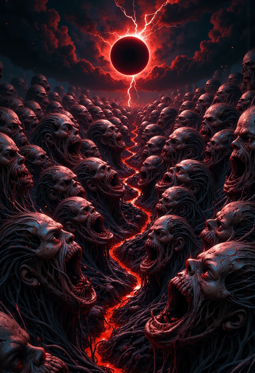 Cinematic wide shot of a twisted, endless landscape composed entirely of disfigured human faces, tightly stitched together with sinewy, vein-like threads. Each face is fused directly into the next, creating a grotesque tapestry of flesh. The faces are stretched, contorted in silent, eternal screams, with hollow eyes that stare into nothingness, expressing agony. Dark, oily blood seeps from their mouths and the seams, pooling in cracks between the faces. The landscape is uneven, like a field of writhing skin, with faces subtly shifting and struggling as if trying to break free from their eternal torment. Above, a black sun eclipse casts a sickly, reddish glow, bathing the scene in deep shadows and blood-red highlights, enhancing the visceral horror. Brief flashes of crimson lightning illuminate the slick, wet texture of the skin and the pained expressions of the faces. The atmosphere is suffocatingly dark, with every detail hyper-realistic—flesh tones are muted, blending with the shadowy blacks and deep crimson, giving the scene a deeply unsettling, nightmarish feel.