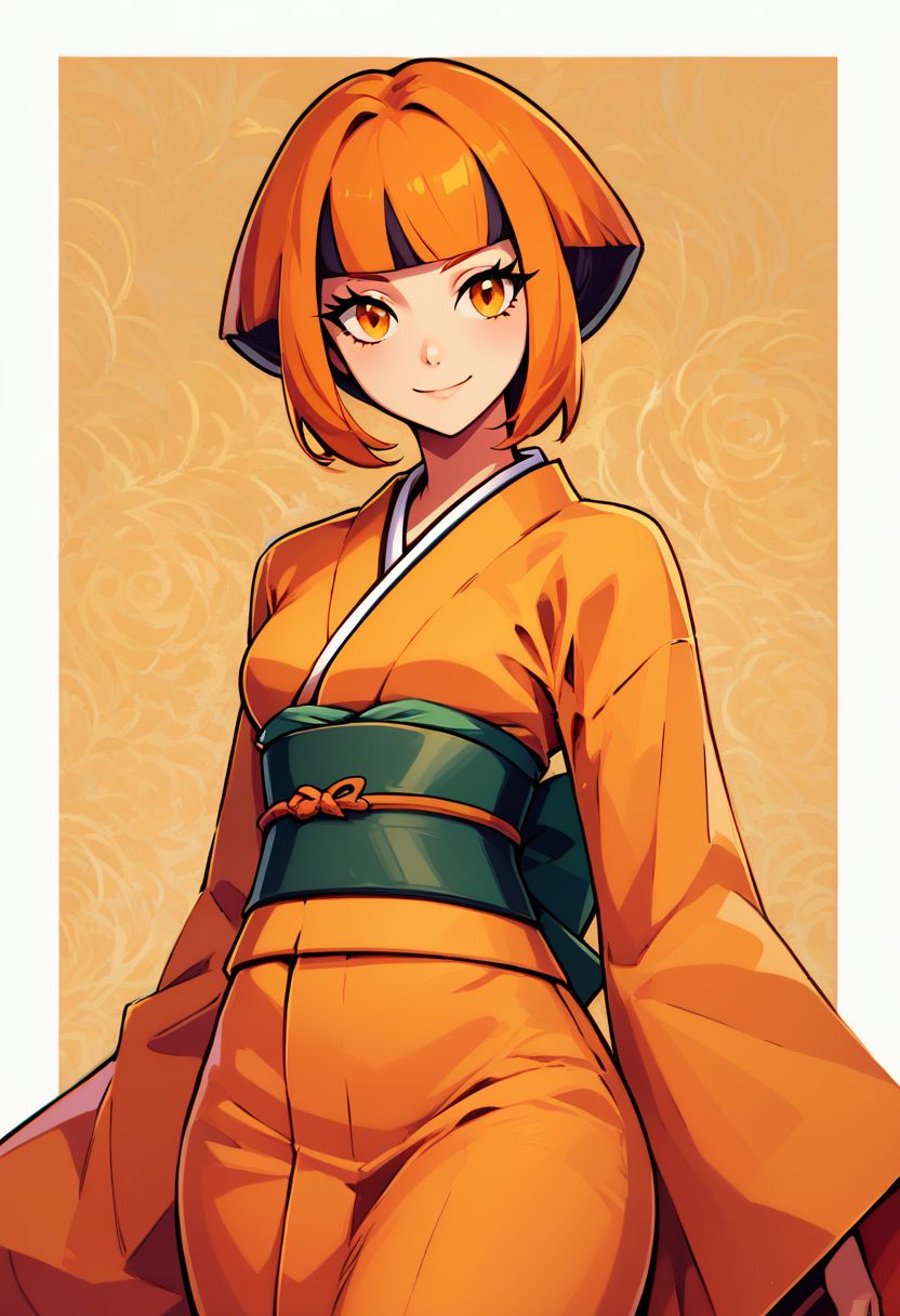 score_9, score_8_up, score_8, medium breasts, (curvy), cute, eyelashes,     
BREAK,
zzGardenia, solo, breasts, looking at viewer, blush, smile, short hair, bangs, black hair, long sleeves, closed mouth, multicolored hair, cowboy shot, japanese clothes, alternate costume, wide sleeves, blunt bangs, kimono, orange hair, two-tone hair, orange eyes, sash, eyelashes, obi, border, white border, orange kimono,
BREAK,
smile, looking at viewer, 
abstract background, zigzag pattern in background, 
zPDXL,