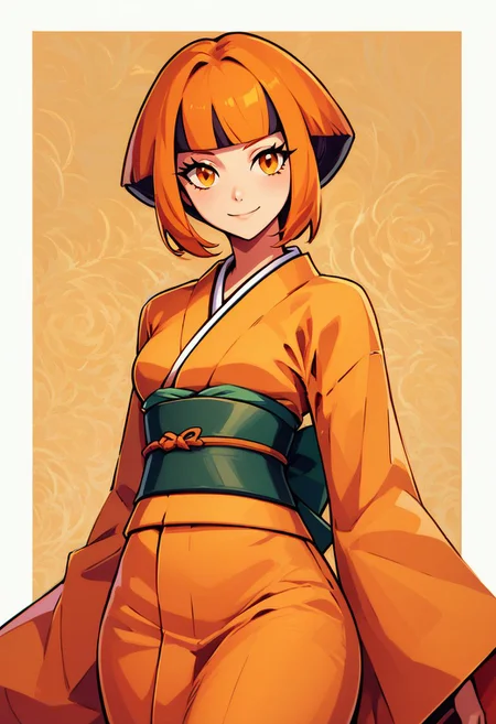 score_9, score_8_up, score_8, medium breasts, (curvy), cute, eyelashes,     
BREAK,
zzGardenia, solo, breasts, looking at viewer, blush, smile, short hair, bangs, black hair, long sleeves, closed mouth, multicolored hair, cowboy shot, japanese clothes, alternate costume, wide sleeves, blunt bangs, kimono, orange hair, two-tone hair, orange eyes, sash, eyelashes, obi, border, white border, orange kimono,
BREAK,
smile, looking at viewer, 
abstract background, zigzag pattern in background, 
zPDXL,