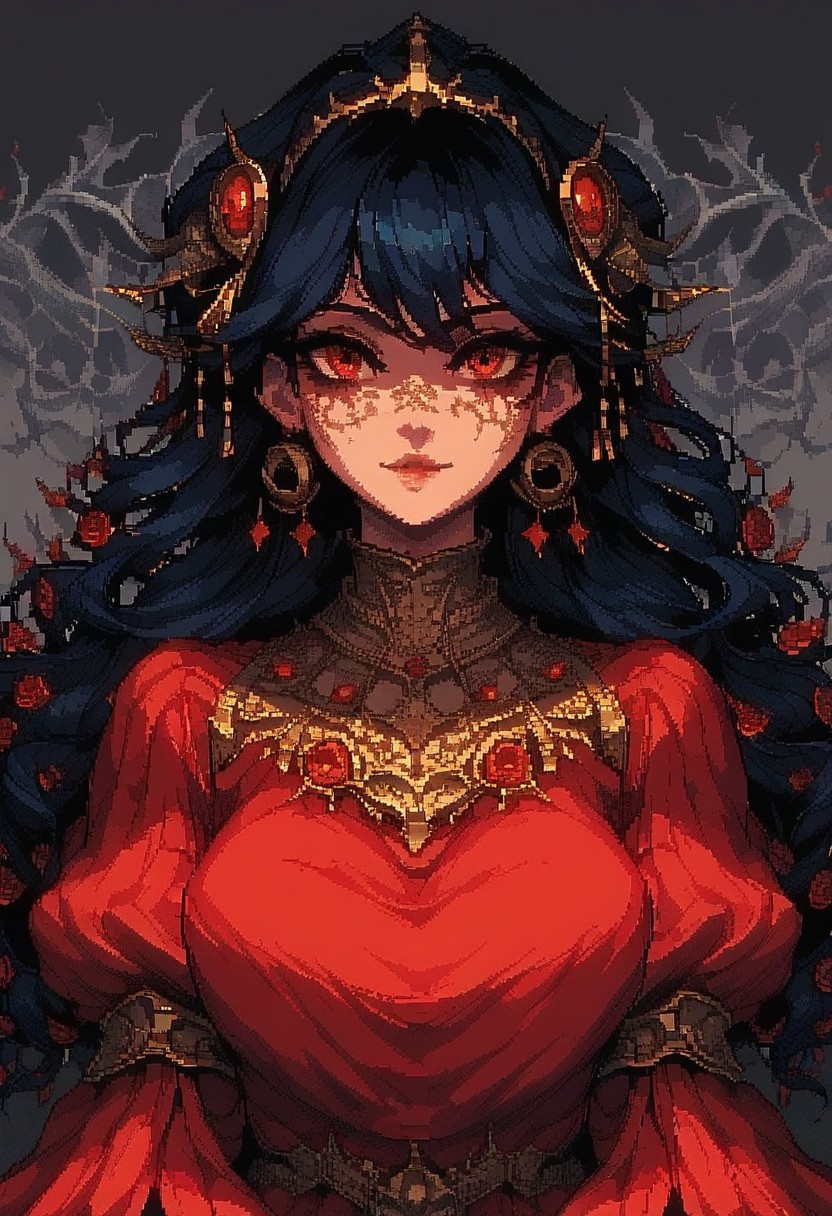 score_9, score_8_up, score_7_up, pixel art, H3style female figure portrait, black hair, red dress, classic art, hyper-detailed, pixel art