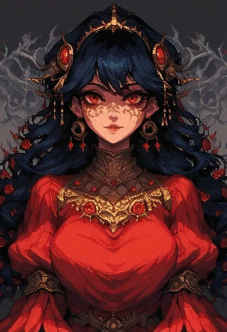 score_9, score_8_up, score_7_up, pixel art, H3style female figure portrait, black hair, red dress, classic art, hyper-detailed, pixel art