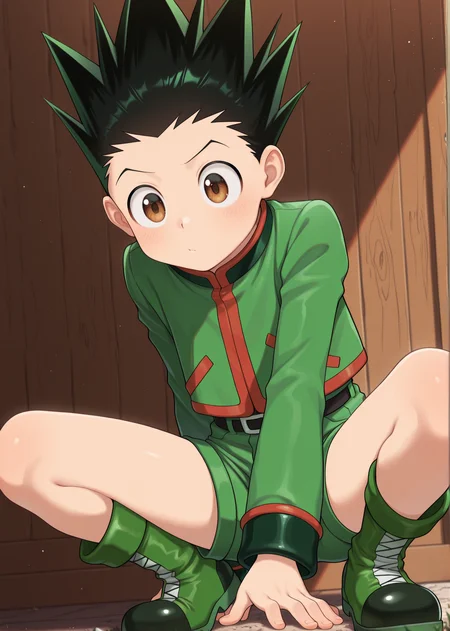 masterpiece, best quality, absurdres, amazing quality, 1boy, solo, <lora:IlluGon-000010:1> illugon, black hair, green hair, spiked hair, brown eyes, green boots, green shorts, green jacket,