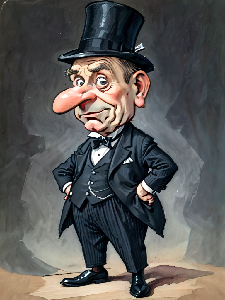A caricature capitalist in a crumpled top hat  <lora:Childrens_book_illustration_by_Genrih_Valk:0.7>
