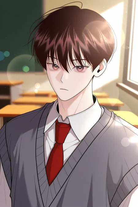 masterpiece, best quality, amazing quality, very aesthetic, high resolution, ultra-detailed, absurdres, newest, scenery, volumetric lighting, depth of field,anime screencap, , , 1boy, solo, male focus,<lora:yoil:0.96>,won yo il,dark brown hair,brown eyes,short hair,looking at viewer, shirt, hair between eyes, closed mouth,school uniform, white shirt, upper body, necktie, collared shirt, indoors, expressionless, formal, suit,sweater vest, portrait, red necktie, lens flare, grey sweater vest, classroom