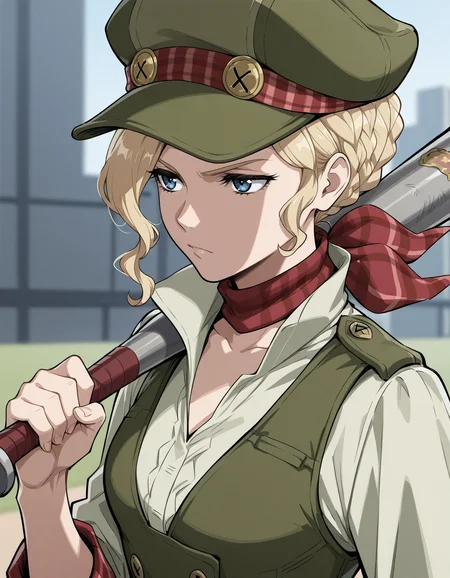 <lora:susato-and-gina-gyakuten-illustrious-000015:1>  gina lestrade, green headwear, scarf, green vest, collared shirt
1girl, solo, holding baseball bat, serious, close-up, blurry background