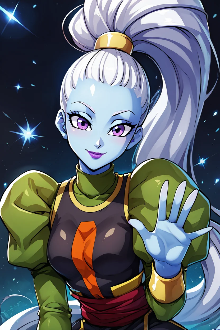 score_9, score_8_up, score_8, medium breasts, (curvy), cute, eyelashes,       BREAK, , zzVados, long hair, ponytail, white hair, blue skin, hair pulled back, high ponytail, very long hair, purple eyes,  long sleeves, puffy sleeves, sash, purple lips, dress, makeup, lipstick, <lora:Vados_DB_PDXL:0.8>,  , BREAK, looking at viewer, ,,, smile, waving, upper body, leaning forward, head tilt, ,,, embedding:zPDXL, Expressiveh, ,,, <lora:CatalystStylePDXL:0.6>, <lora:SDXLFaeTastic2400:0.5>, <lora:Expressive_H-000001:0.4>,