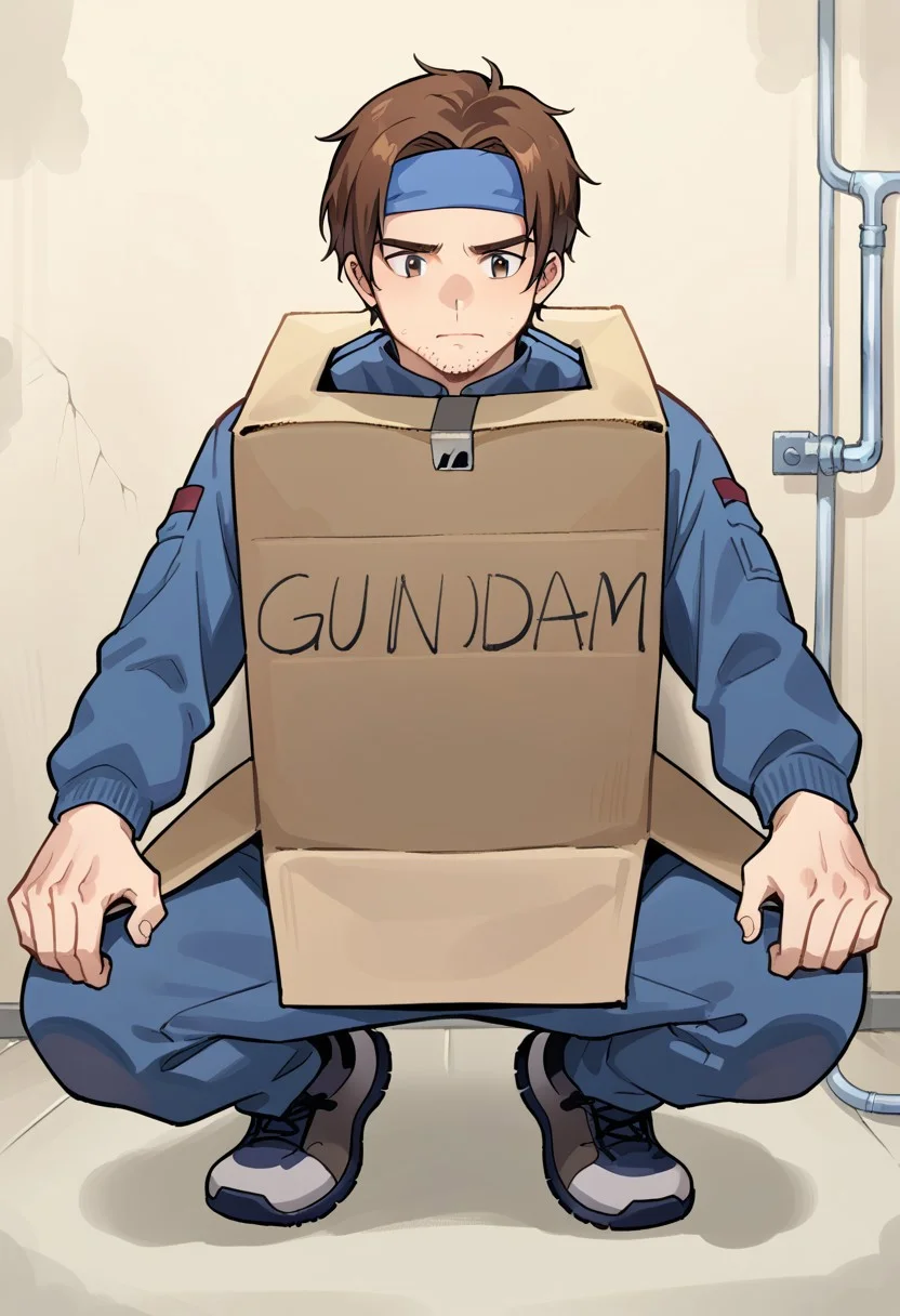 score_8, score_8_up, score_7_up, source_anime, 1boy, male focus, solo, solid snake, brown hair, mullet, blue headband, stubble, sneaking suit, ha_ko_ga, cardboard box, English text, sneaking, industrial, indoors, crouching, wall, pipe (plumbing)