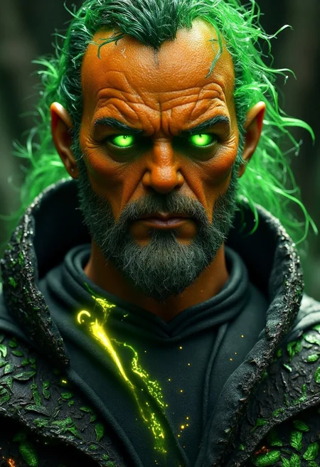 The mysterious and ethereal Pumpkin Man has a pumpkin face and a pair of sharp green eyes that radiate wisdom. He is a pumpkin-incarnated man with a mysterious expression and a neatly trimmed beard. He wears a robe from the Star Wars movie with a glowing dark green luxurious pattern, full of shining mystery.