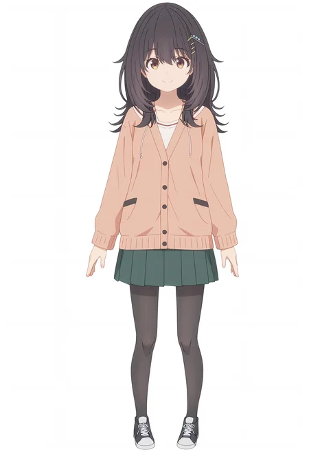 <lora:Mako KAWAI-000038:1>,
Mako KAWAI, solo, pantyhose, skirt, full body, smile, shoes, white background, simple background, looking at viewer, hair ornament, standing, pleated skirt, black pantyhose, sneakers, cardigan, long hair, green skirt, straight-on, long sleeves, closed mouth, shirt, white shirt, collarbone, tachi-e