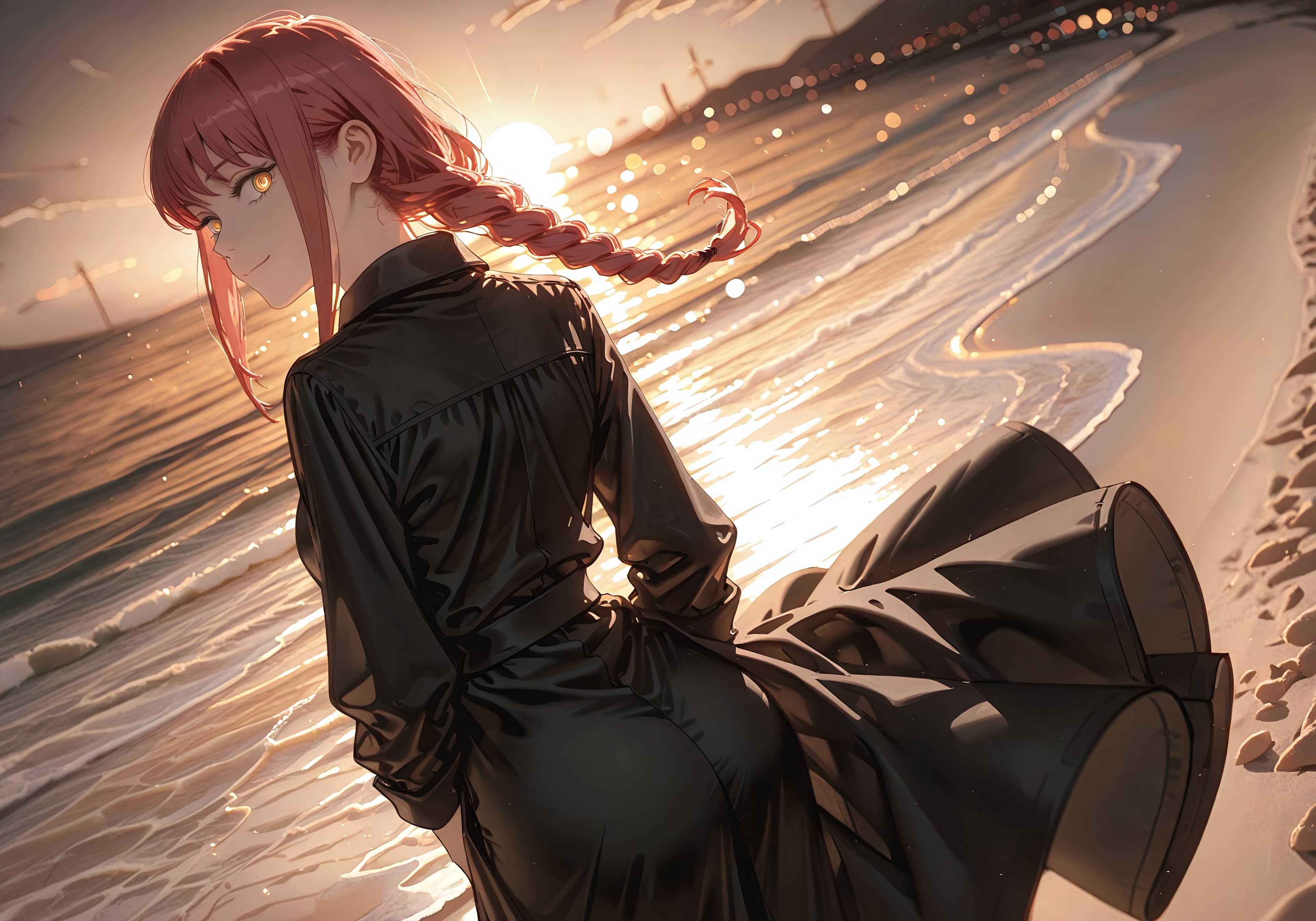 ((smile,looking back,standing:1.5))

((1 girl,Makima, ringed eyes,  red hair, braided ponytail, bangs, yellow eyes, sidelocks, medium hair, long hair,glowing eyes))

(Black dress:1.5)

(Beach:1.5),(sunset:1.5),(golden hue,golden sky,golden light)

((negative space:1.1)),((dynamic angle:1.1)),((foreshortening:1.5)),((extreme perspective:1.4)),(dynamic pose:1.5)),(bokeh around character:1.2)

artist:moriimee,Smooth_Quality,amazing quality, ((aesthetic:1.3)),((4k,8k,Ultra HD)),((Masterpiece :1.2)),((Best quality :1.2)),((Detailed :1.5)),((Detailed background :1.5))