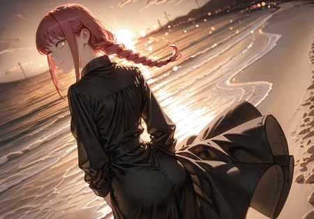 ((smile,looking back,standing:1.5))
((1 girl,Makima, ringed eyes, red hair, braided ponytail, bangs, yellow eyes, sidelocks, medium hair, long hair,glowing eyes))
(Black dress:1.5)
(Beach:1.5),(sunset:1.5),(golden hue,golden sky,golden light)
((negative space:1.1)),((dynamic angle:1.1)),((foreshortening:1.5)),((extreme perspective:1.4)),(dynamic pose:1.5)),(bokeh around character:1.2)
artist:moriimee,Smooth_Quality,amazing quality, ((aesthetic:1.3)),((4k,8k,Ultra HD)),((Masterpiece :1.2)),((Best quality :1.2)),((Detailed :1.5)),((Detailed background :1.5))