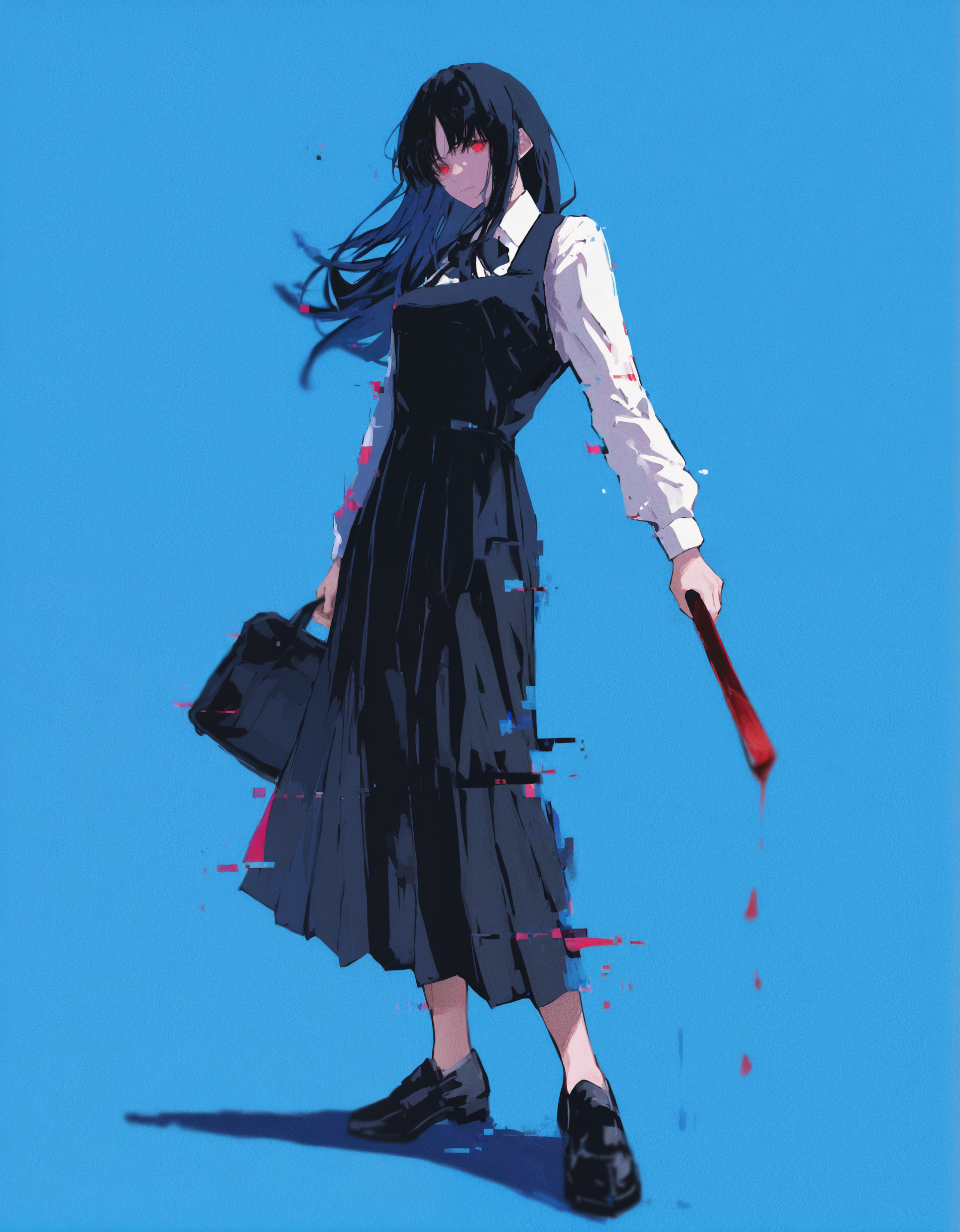 masterpiece, best quality, very aesthetic, absurdres, newest,<lora:69yottea_illu_v2:1>,69yotte4_illu,1girl, solo, pinafore dress, dress, black hair, white shirt, shirt, long hair, school uniform, blue background, full body, long sleeves, black footwear, shoes, standing, collared shirt, holding, black dress, red eyes, bow,glitch_art,film grain, traditional media,