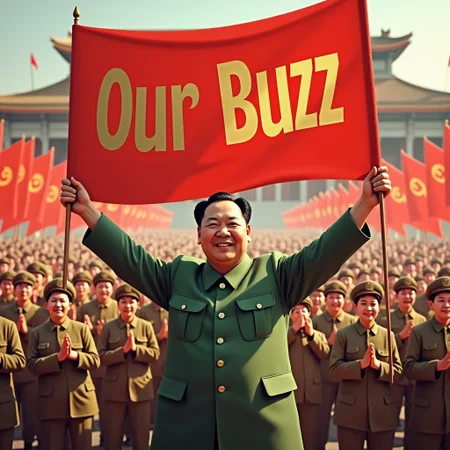 Create a powerful image set in the 1960s in communist China, showing Chairman Mao Zedong standing prominently, holding a large red banner with bold golden text that reads 'Our Buzz.' Mao, wearing his iconic green military-style suit, should have a determined and charismatic expression. Behind him, a crowd of enthusiastic workers and peasants, waving red flags and clapping, fills the scene, creating a sense of unity and revolutionary fervor. The atmosphere should reflect the grandeur and energy of a communist rally, with banners bearing slogans and symbols of the People's Republic of China decorating the backdrop. The lighting captures a bright, clear day with soft shadows, evoking both political strength and optimism. The overall ambiance should reflect the iconic revolutionary spirit of 1960s communist China.