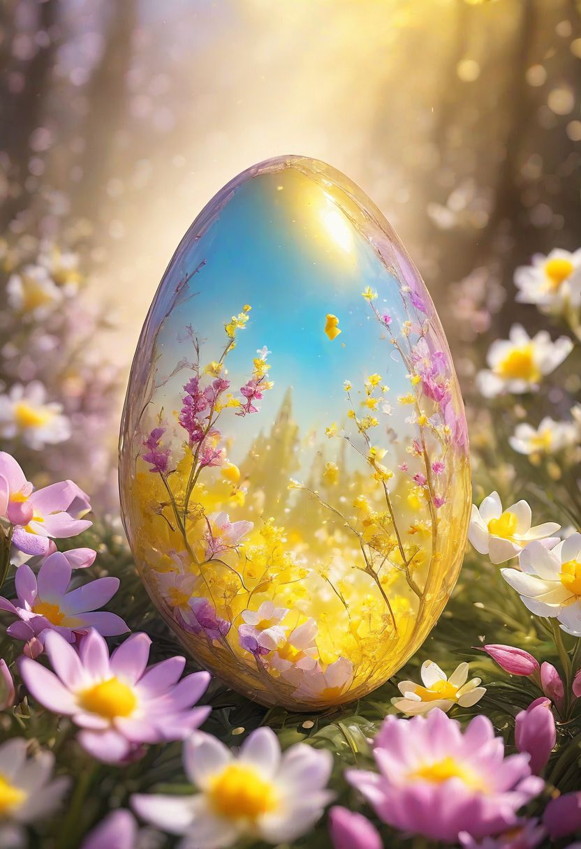 yellow Easter egg embodying the concept of rebirth, cracked surface revealing emerging, pastel colors dominate the scene, backlight casting a heavenly glow, nestled in a bed of vibrant spring flowers, soft-focus background, bokeh effect, natural light, ultra-fine details, digital painting.