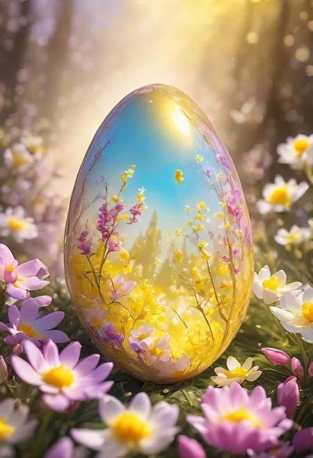 yellow Easter egg embodying the concept of rebirth, cracked surface revealing emerging, pastel colors dominate the scene, backlight casting a heavenly glow, nestled in a bed of vibrant spring flowers, soft-focus background, bokeh effect, natural light, ultra-fine details, digital painting.