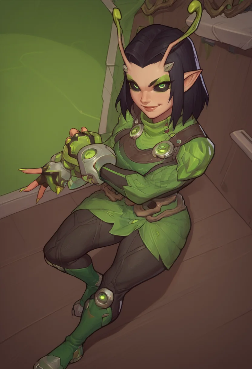 score_9, score_8_up, score_7_up, score_6_up, expressiveh, mantis_rivals, green details, 1girl, solo, black and green clothes, antennae, medium hair, black hair, bodysuit, hand equipment, fingerless gloves, pointy ears, vines, nail polish, green nail polish, green sleeves, green cowl, black pants, boots, green footwear, makeup, black eyes, smile, looking at viewer, spaceship, spaceship interior, detailed background, dynamic pose, dynamic angle, black sclera <lora:AsuraLycoXL:1> <lora:Mantis_Marvel_Rivals_-_PonyXL:0.7>