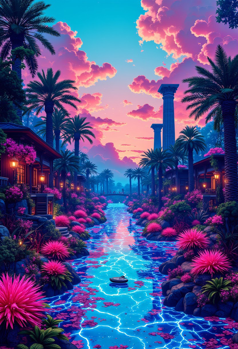 The Neon Oasis of Eternal Bloom
A floating digital paradise, where massive holographic ferns and crystalline flowers pulse in vibrant pinks, teals, and golds. The floor is a shifting mosaic of glowing glass tiles and living moss, reacting to the movements of those who walk upon it. Grecian statues, overgrown with pixelated ivy, hover in midair, their stone eyes illuminated by a soft neon glow. The sky is an endless dusk, where clouds ripple like liquid light, shifting between sapphire and peach hues. A gentle lo-fi beat hums in the air, blending with the scent of fresh-cut cedar, glowing citrus groves, and warm neon heat.