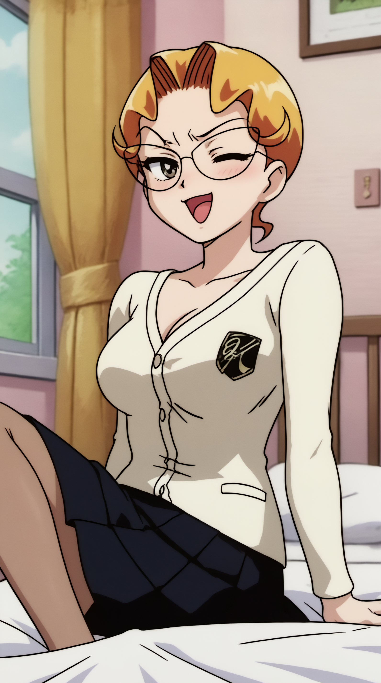 score_9, score_8_up, score_7_up,anime_source, source_anime, best background, detailed background, anime screencap, 4k, upscaled,  Mizuha Miyama, solo, skirt, pantyhose, one eye closed, bed, wariza, blush, horny, naughty face, indoors,   <lora:JN_Mizuha_Miyama_Pony:0.8>