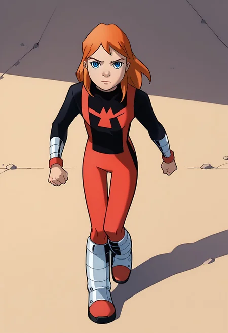 score_8, score_8_up, score_7_up, 1girl, solo, female focus, Julie_PP, red hair, long hair, blue eyes, flat chest, Power Pack uniform, asymmetrical clothes, LS_logo, print bodysuit, red bodysuit, black bodysuit, arms at side, clenched hand, metal boots, knee boots, MVC2style, full body, looking at viewer,  SpecStyle