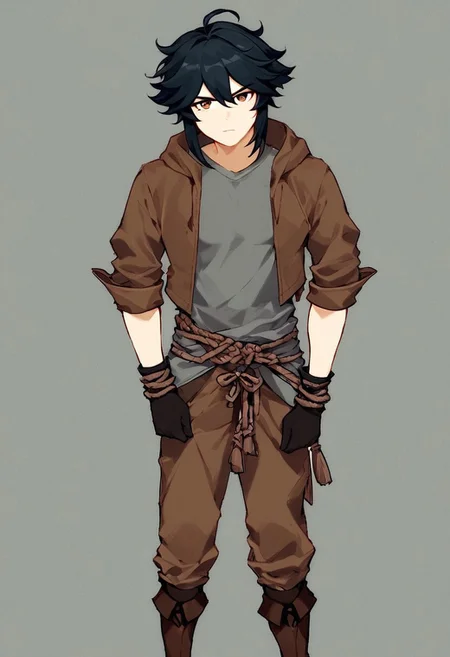 Score_9, score_8_up, score_7_up, Genshin Impact Style, source_anime, cave shaft, stone walls, 1man, solo, standing by cave wall
Black hair, brown hoodie, brown hood, bangs, tall man, staring at viewer, facing viewer, brown eyes, serious, grey shirt, black cloth over shoulders, long sleeves, rolled sleeves, cloth gloves, brown pants, rope belt, brown boots, wrapped pants