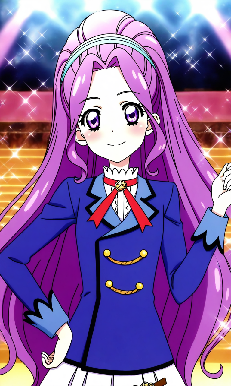general,highres, ultra-detailed,very aesthetic,best quality ,best hands, BREAK <lora:Kanzaki_Mizuki_aikatsu!_IS:1>
kanzaki_mizuki(aikatsu!), 1girl, solo, purple hair, purple eyes, long hair, ponytail, high ponytail, hairband, very long hair,
starlight academy school uniform,
smile, happy,
sparkle, hand on hip, stage,