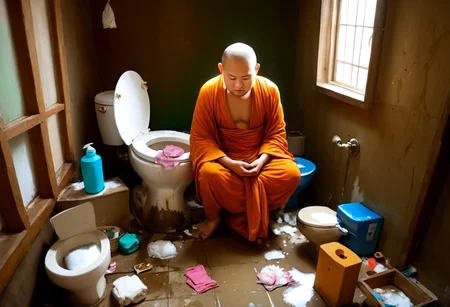 highres,4k,8k,RAW photo, Buddha, hobo-monk, Silhouettes of dazzling,rich colors,<lora:add_detail:0.7>, award-winning, professional, highly detailed, meditating, easynegative, ruanyi0181,indoors,toilet, Buddha, monk in rags, DeepNegative_xl_v1, dirty toilet, mess, broken furniture, broken closet, dirty closet, poverty, dirt