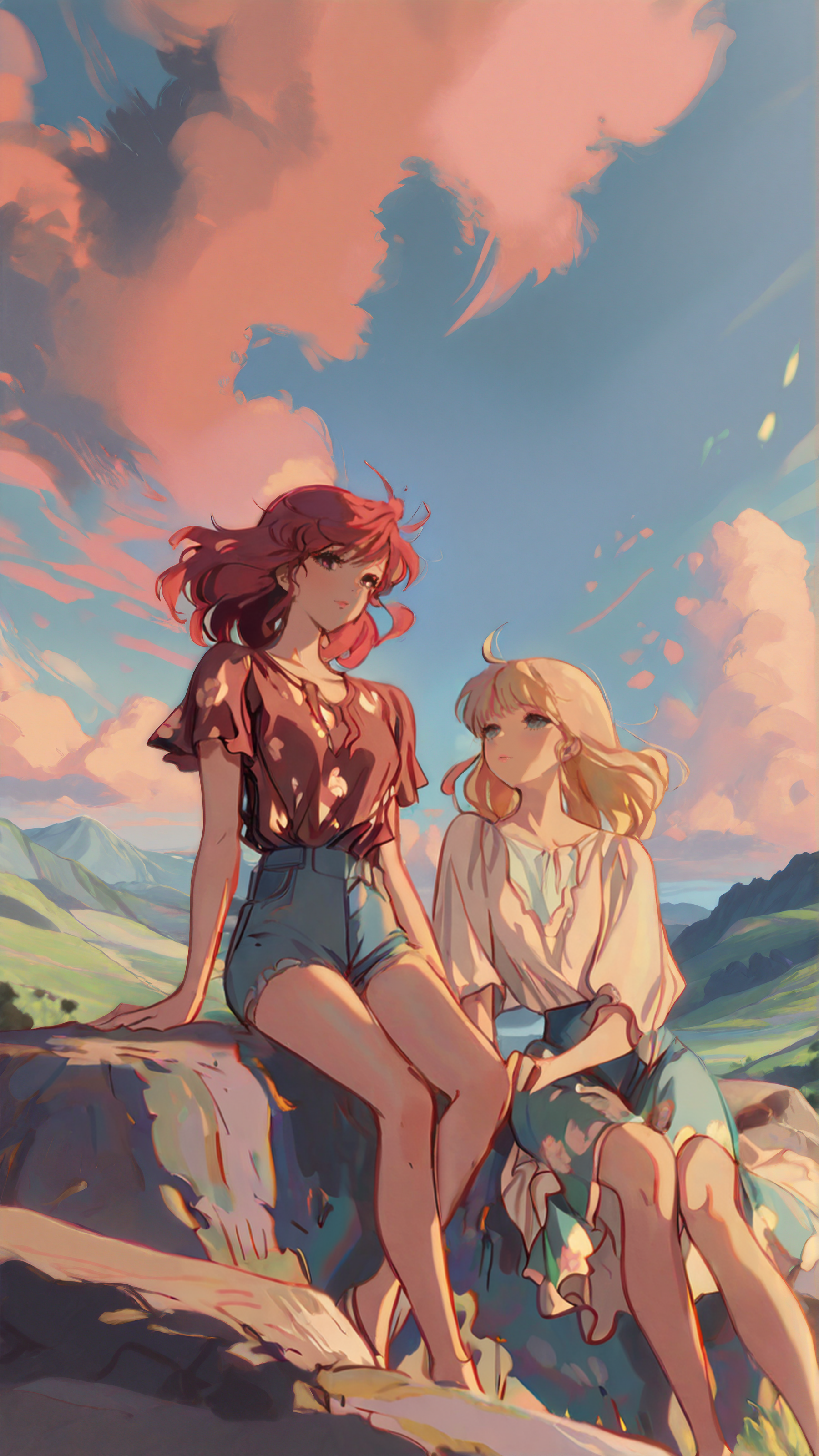 masterpiece, newest,absurdres,incredibly absurdres, best quality, amazing quality, very aesthetic, 
2girls, scenery, valley, sitting on a stone, leaning on person, holding hands, blonde, red hair, long hair, medium hair, cloud, denim shorts, floral skirt,
 <lora:MJET:1> MJET  <lora:BlueFley_Style_-_Illustration:1> by_bluefley
