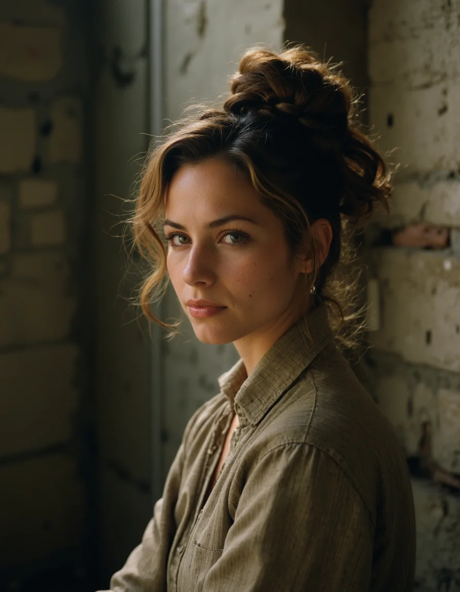 an hispanic woman,Chignon,two-tone hair,establishing shot,Eastern State Penitentiary USA,(masterpiece best quality ultra-detailed best shadow amazing realistic picture),Kodak gold 200,loop lighting,<lora:real-lora:1>