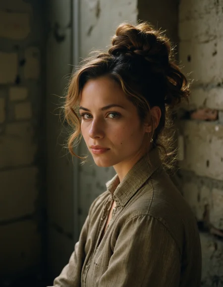 an hispanic woman,Chignon,two-tone hair,establishing shot,Eastern State Penitentiary USA,(masterpiece best quality ultra-detailed best shadow amazing realistic picture),Kodak gold 200,loop lighting,<lora:real-lora:1>